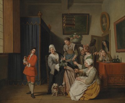 Intérieur bourgeois avec de nombreuses femmes et un jeune homme avec un oiseau - Jan Josef Horemans II